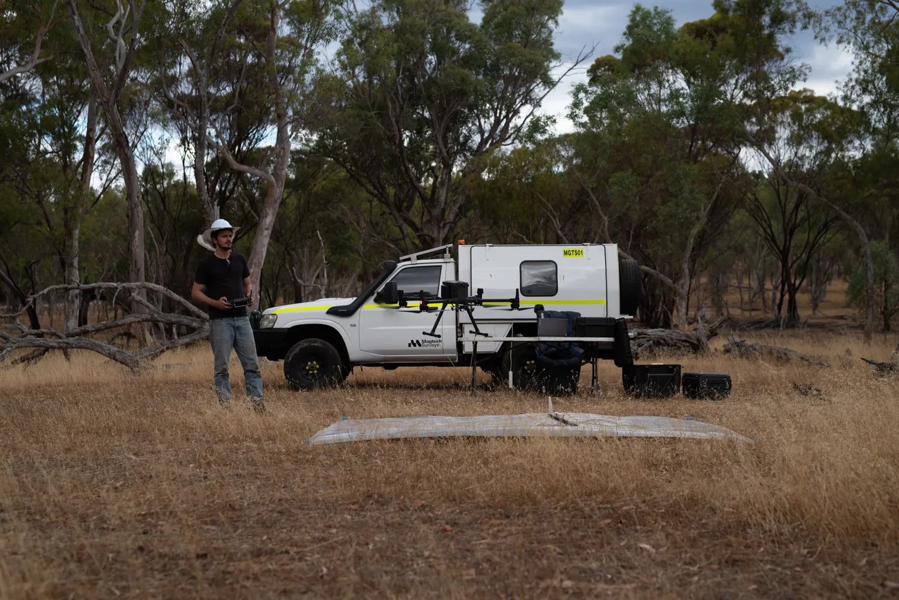 Launching the survey drone in the field, sensor and platform ready