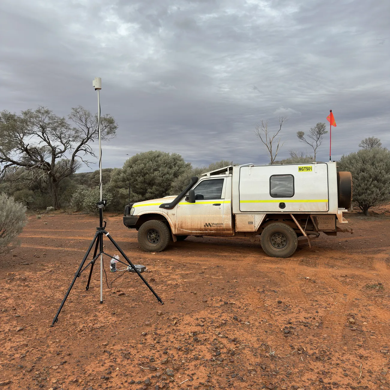 Proton precession base station magnetometer set up beside the survey vehicle for diurnal correction